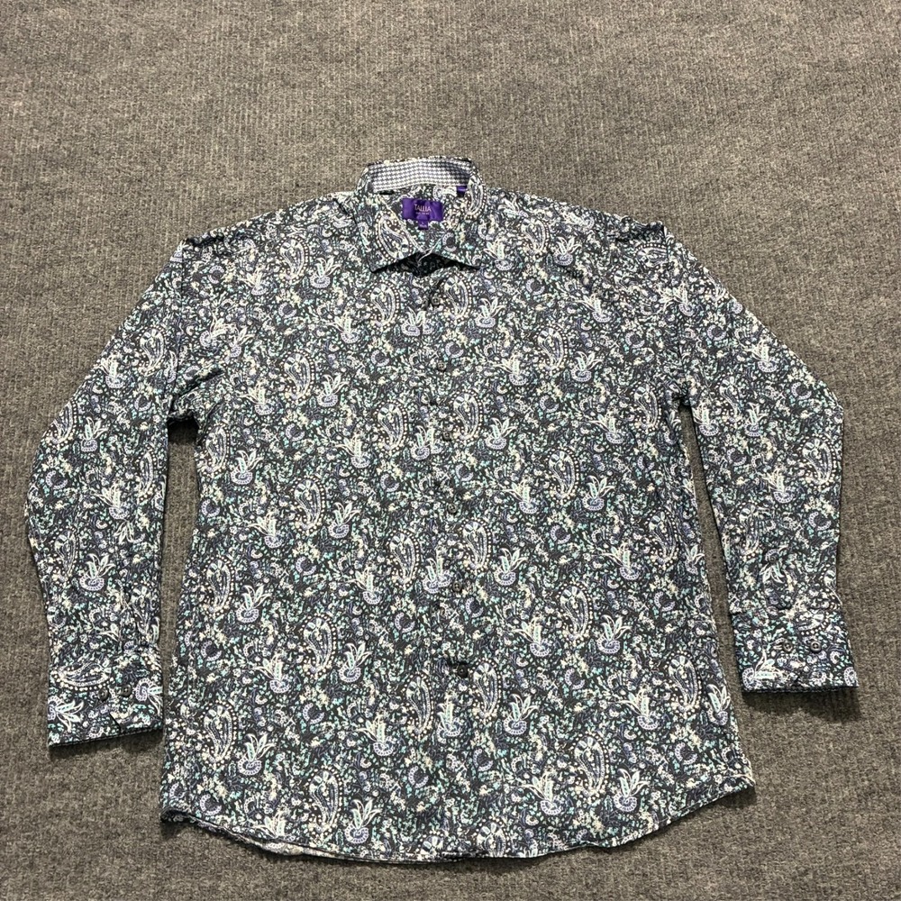 Tallia Mens Button Up‎ Shirt L Black Blue Paisley Print Cotton Long Sleeve
